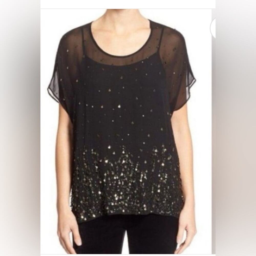EILEEN FISHER  BLACK BEADED 100% SILK CAP SLEEVES  BLOUSE-TUNIC SIZE L Sheer